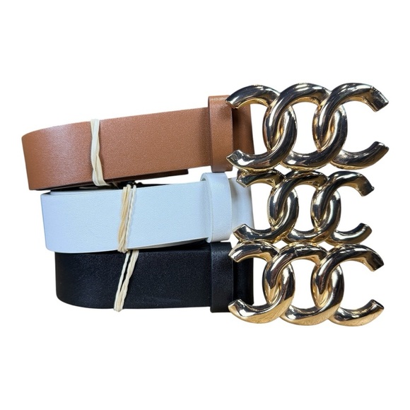 3-pack designer inspired belts with gold buckle, black/tan/white, size 38-41 - Picture 2 of 4